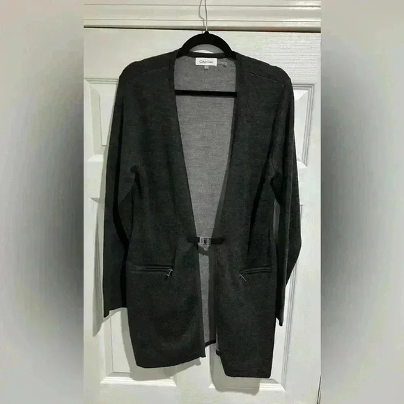 Calvin Klein Wool Blend Gray Buckled Cardigan size Large - Picture 1 of 4